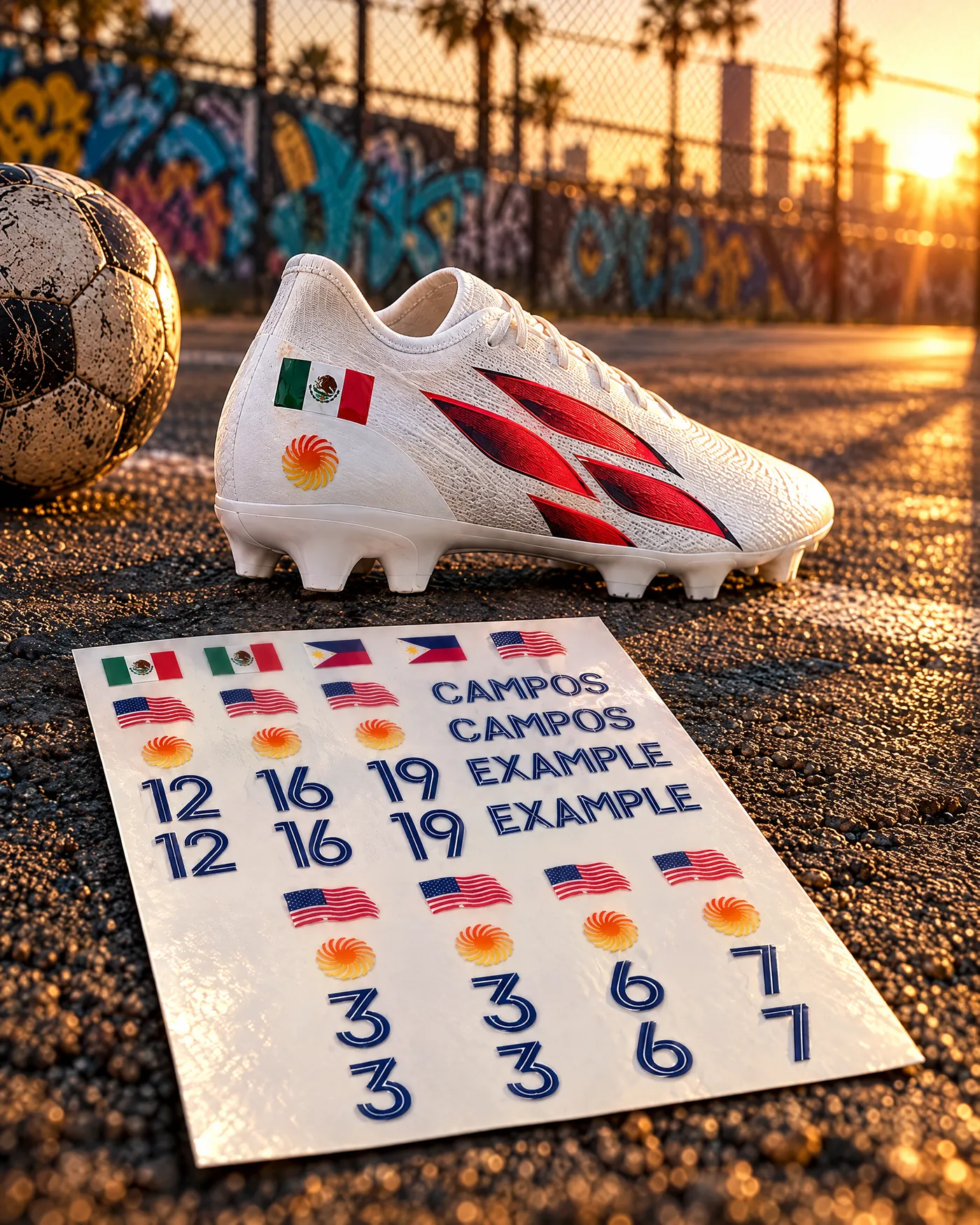 Cleat Slaps custom UV cleat stickers with flags and jersey numbers on a white soccer cleat